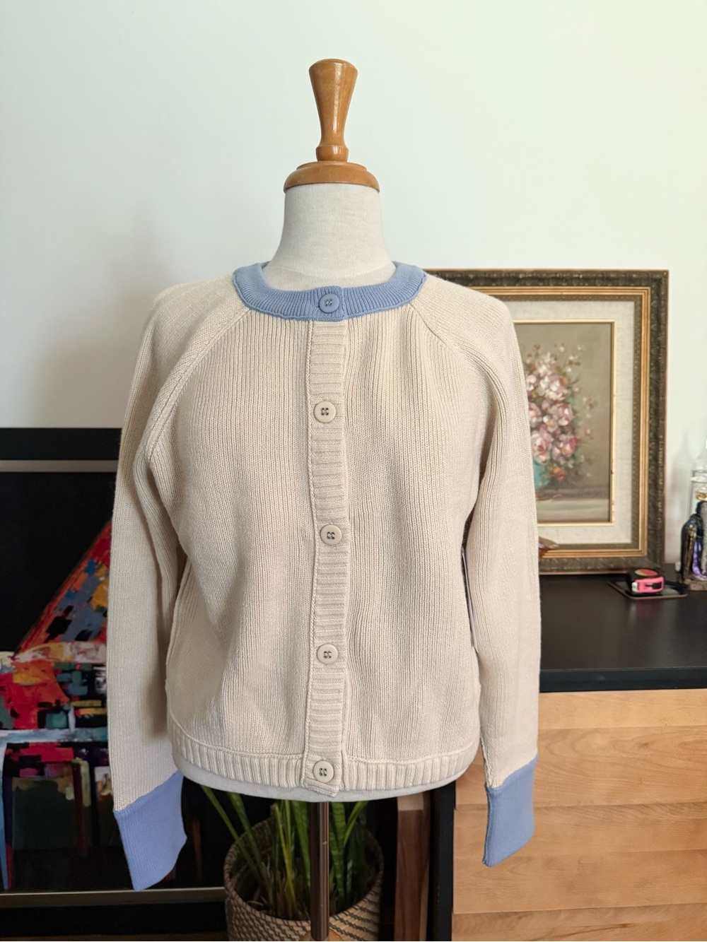 Cream Knit Button-Front Cardigan with Light Blue Trim